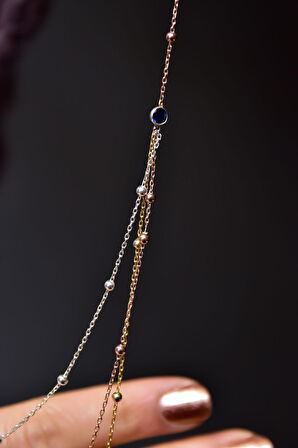 925 Ayar Gümüş Üç Renk Halkalı Üç Zincir Toplu Kolye