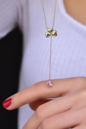 925 Ayar Gold Kaplama Pembe Taşlı Kalp Yonca Kadın Kolye