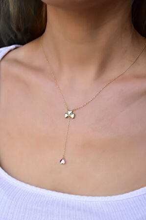 925 Ayar Gold Kaplama Pembe Taşlı Kalp Yonca Kadın Kolye