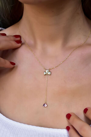 925 Ayar Gold Kaplama Pembe Taşlı Kalp Yonca Kadın Kolye