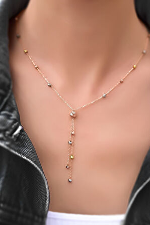 925 Ayar Gümüş Rose Kaplama Üç Renk Dorika Toplu Sim Kadın Kolye