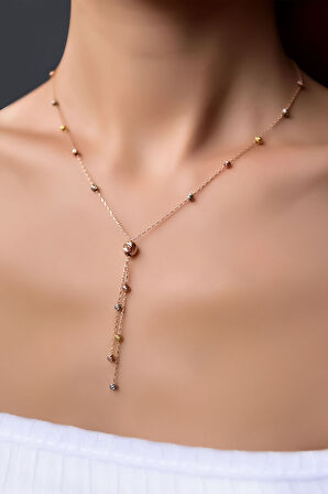 925 Ayar Gümüş Rose Kaplama Üç Renk Dorika Toplu Sim Kadın Kolye