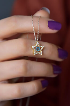 925 Ayar Gümüş Gold-rodyum Kaplama Doğum Taşlı Montür Yıldız Kolye