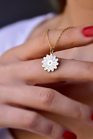 925 Ayar Gümüş Gold Kaplama 0,01 Karat Pırlanta Beyaz Mineli Gerbera Çiçeği Kolye