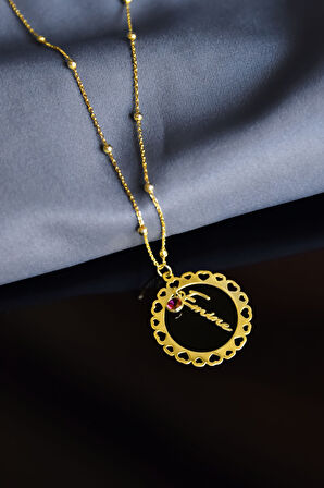 925 Ayar Gümüş Gold Kaplama Doğum Taşlı Kalpli Çerçeveli Isimli Top Zincirli Kolye