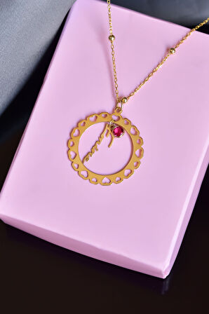 925 Ayar Gümüş Gold Kaplama Doğum Taşlı Kalpli Çerçeveli Isimli Top Zincirli Kolye