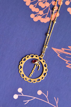 925 Ayar Gümüş Gold Kaplama Doğum Taşlı Kalpli Çerçeveli Isimli Top Zincirli Kolye