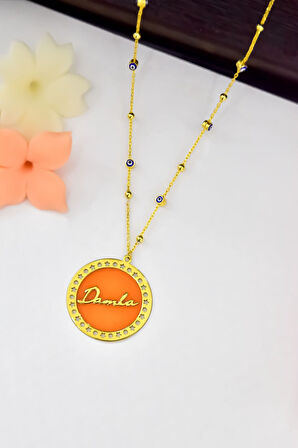 925 Ayar Gümüş Rüya Serisi Turuncu Cam Boyalı Yıldız Desenli Isimli Nazar Mineli Zincirli Kolye