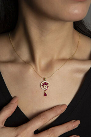 925 Ayar Gümüş Gold Kaplama Fuşya Renkli Spiral Snail Tasarım Kolye