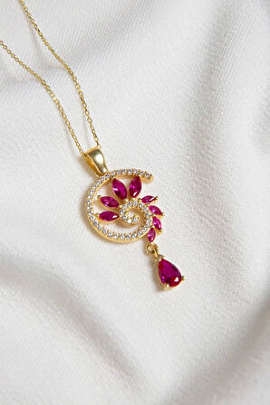 925 Ayar Gümüş Gold Kaplama Fuşya Renkli Spiral Snail Tasarım Kolye