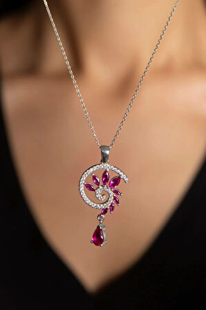 925 Ayar Gümüş Rodyum Kaplama Fuşya Renkli Spiral Snail Tasarım Kolye