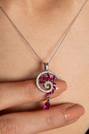 925 Ayar Gümüş Rodyum Kaplama Fuşya Renkli Spiral Snail Tasarım Kolye