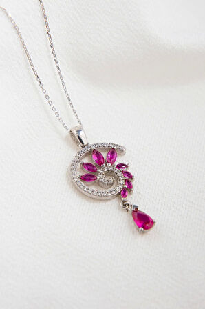 925 Ayar Gümüş Rodyum Kaplama Fuşya Renkli Spiral Snail Tasarım Kolye