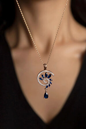 925 Ayar Gümüş Rose Kaplama Lacivert Renkli Spiral Snail Tasarım Kolye