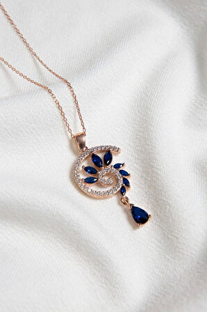 925 Ayar Gümüş Rose Kaplama Lacivert Renkli Spiral Snail Tasarım Kolye