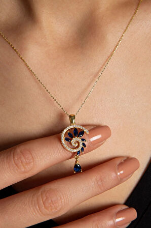 925 Ayar Gümüş Gold Kaplama Lacivert Renkli Spiral Snail Tasarım Kolye