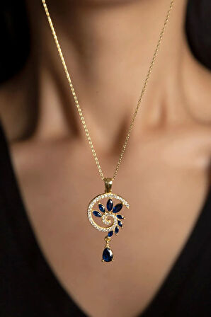 925 Ayar Gümüş Gold Kaplama Lacivert Renkli Spiral Snail Tasarım Kolye