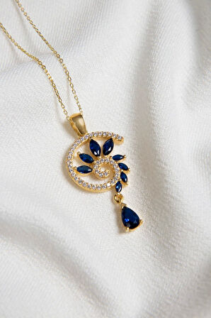 925 Ayar Gümüş Gold Kaplama Lacivert Renkli Spiral Snail Tasarım Kolye