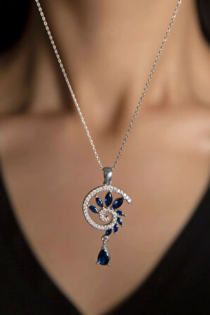 925 Ayar Gümüş Rodyum Kaplama Lacivert Renkli Spiral Snail Tasarım Kolye