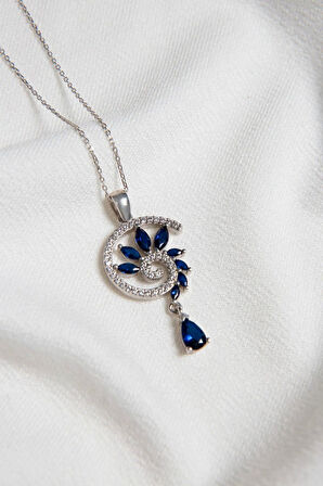 925 Ayar Gümüş Rodyum Kaplama Lacivert Renkli Spiral Snail Tasarım Kolye