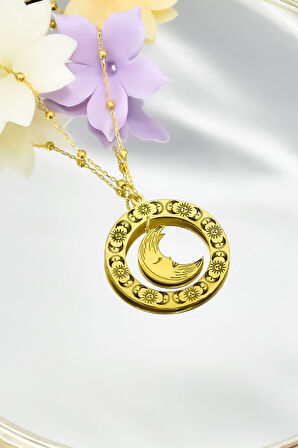 925 Ayar Gümüş Doğanın Güçleri Çemberli, Yenilenmenin Tılsımı Ay Sallantılı Top Zincirli Kolye