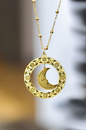 925 Ayar Gümüş Doğanın Güçleri Çemberli, Yenilenmenin Tılsımı Ay Sallantılı Top Zincirli Kolye