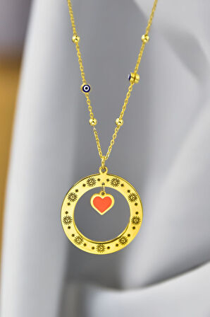 925 Ayar Gümüş Gold Kaplama Güneş Çerçeveli Mineli Kalp Sallantılı Nazar Mineli Göz Zincirli Kolye