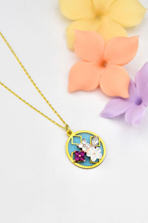 925 Ayar Gümüş Gold Kaplama Rüya Serisi Cam Boyalı, Sedef Manolya Kolye