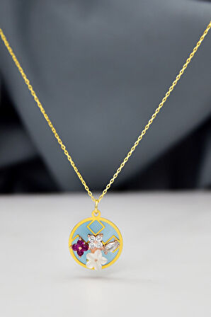 925 Ayar Gümüş Gold Kaplama Rüya Serisi Cam Boyalı, Sedef Manolya Kolye