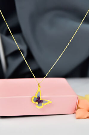 925 Ayar Gümüş Gold Kaplama Rüya Serisi Cam Boyalı İç İçe Kelebek Kolye