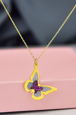 925 Ayar Gümüş Gold Kaplama Rüya Serisi Cam Boyalı İç İçe Kelebek Kolye