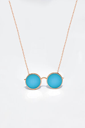 925 Ayar Gümüş Rose Kaplama Rüya Serisi, Vintage Mavi Mineli Yuvarlak Gözlük Kolye