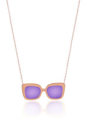 925 Ayar Gümüş Rose Kaplama Rüya Serisi, Lila Mineli Kare Model Gözlük Kolye