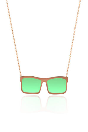 925 Ayar Gümüş Rose Kaplama Rüya Serisi, Yeşil Mineli Dikdörtgen Model Gözlük Kolye