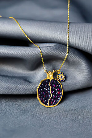 925 Ayar Gümüş Gold Kaplama Nazar Boncuklu , Mineli Bolluk Ve Bereket Tılsımı Nar Taneli Kolye