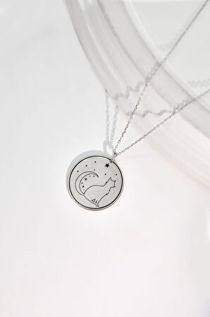 925 Ayar Gümüş Rodyum Kaplama Plaka Hilal Ay Yıldız, Kedi Desenli Kolye