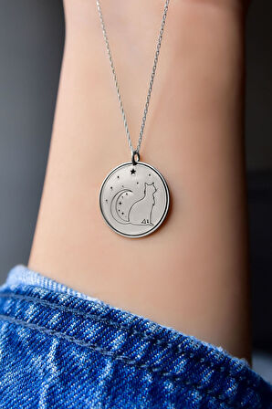 925 Ayar Gümüş Rodyum Kaplama Plaka Hilal Ay Yıldız, Kedi Desenli Kolye