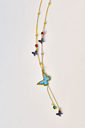 925 Ayar Gümüş Rüya Serisi Cam Boyalı Ve Zirkon Taşlı Uçuşan Kelebekler Dünyası Kolye