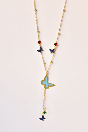 925 Ayar Gümüş Rüya Serisi Cam Boyalı Ve Zirkon Taşlı Uçuşan Kelebekler Dünyası Kolye