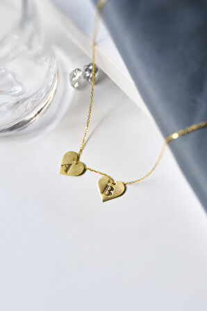 925 Ayar Gümüş Gold Kaplama İki Kalpte, Aşkın Harfi Kolyesi