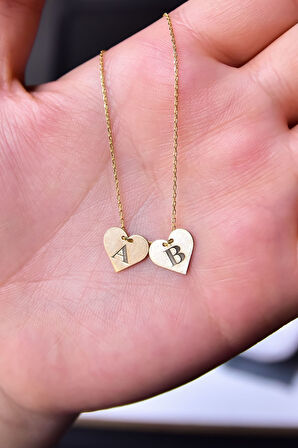 925 Ayar Gümüş Gold Kaplama İki Kalpte, Aşkın Harfi Kolyesi