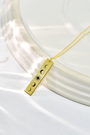 925 Ayar Gümüş Gold Kaplama Moon Phase Plaka Kolye