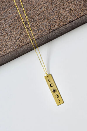 925 Ayar Gümüş Gold Kaplama Moon Phase Plaka Kolye