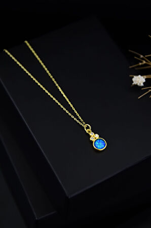 925 Ayar Gümüş Gold Kaplama Mavi Opal Yuvarlak Kolye