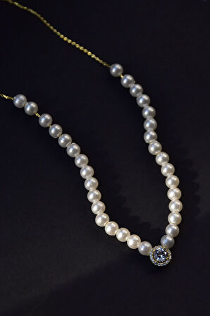 925 Ayar Gümüş Gold Kaplama Incili , Tektaş Kolye