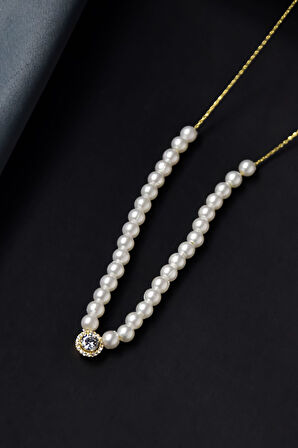 925 Ayar Gümüş Gold Kaplama Incili , Tektaş Kolye