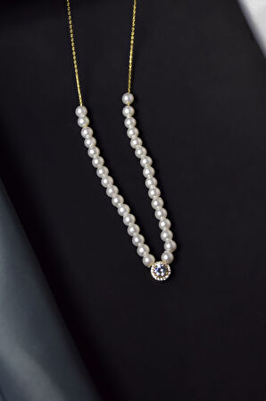 925 Ayar Gümüş Gold Kaplama Incili , Tektaş Kolye