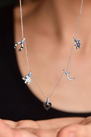 925 Ayar Gümüş Rodyum Kaplama Göz Mineli Zirkon Taşlı Şans Kolye