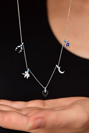 925 Ayar Gümüş Rodyum Kaplama Göz Mineli Zirkon Taşlı Şans Kolye