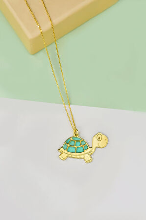 925 Ayar Gümüş Gold Kaplama Parlayan Rüya Serisi Tasarım Ebruli Cam Boyalı Kaplumbağa Kolye